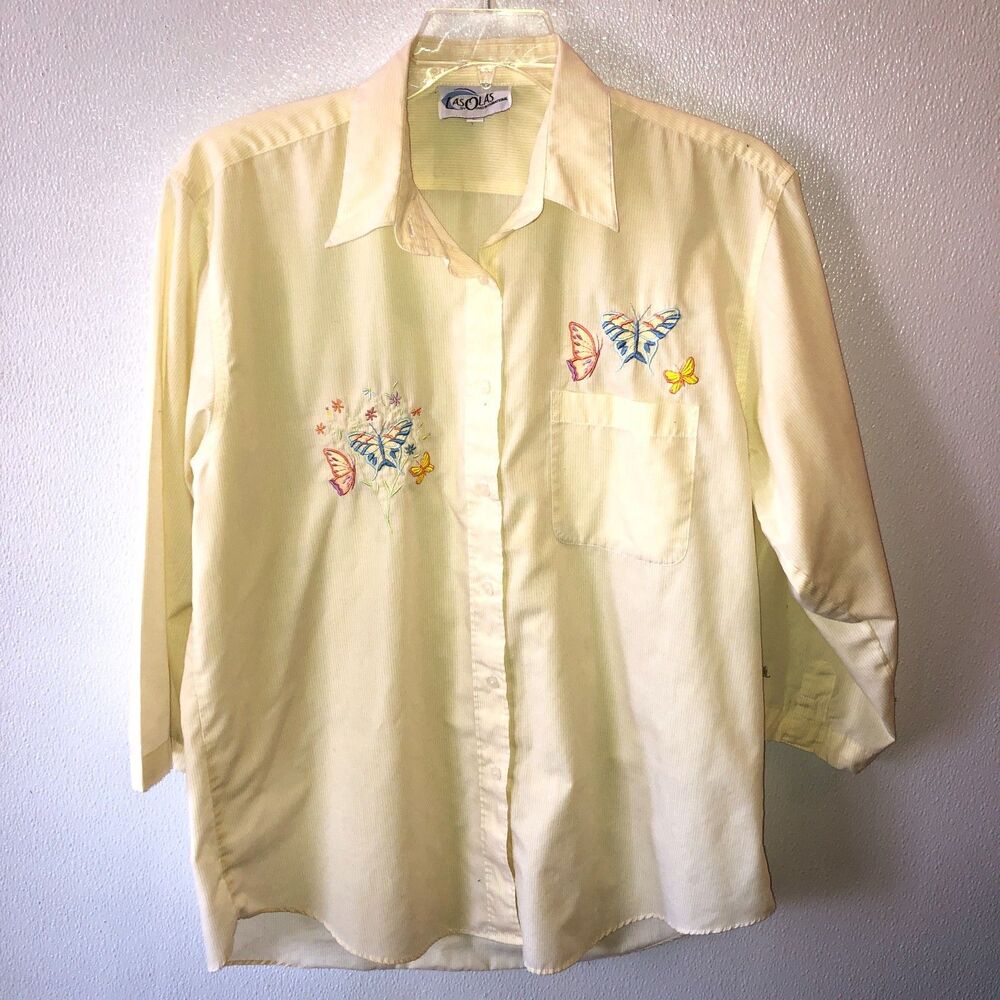 VTG Las Olas Womens Large Yellow Striped Butterfly Button Up Top Blouse Shirt L - Picture 3 of 12